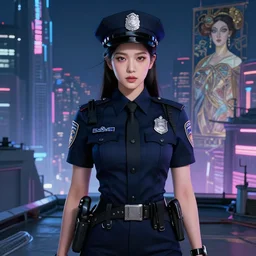 portrait jisoo, futuristic koeran police uniform female, at future neon light rooftop, ssci - fi and fantasy, intricate and very very beautiful and elegant, highly detailed, digital painting, artstation, concept art, smooth and sharp focus, illustration, art by tan zi and ayanamikodon and alphonse mucha and wlop