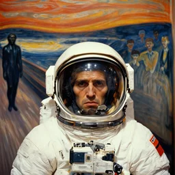 a close up portrait of an astronaut wearing helmet 3 5 mm cinestil, interior room, edvard munch, obsidian statues, scene from the godfather, crowd of smiles, miles johnston, cynical realism, lucian freud, monet, bruce bickford masterpiece