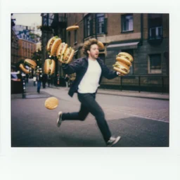 the hamburglar running with too many hamburgers in his hands causing him to drop them as he goes, photorealistic, polaroid, kodachrome
