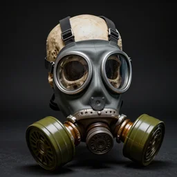 a hyper realistic photoshoot of a gas mask with a human skull wearing the mask