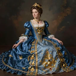 Elegant laydy in blue victorian dress with gold ornaments. By Konstantin Razumov, highly detailded