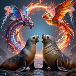 sea lion fighting a walrus, high tech, cyberpunk, dystopian, jellyfish phoenix dragon, butterfly squid, burning halo, intricate artwork by Tooth Wu and wlop and beeple, greg rutkowski, very coherent symmetrical artwork, cinematic, hyper realism, high detail, octane render, unreal engine, 8k, Vibrant colors, Smooth gradients, High contrast, depth of field, aperture f1.2