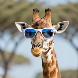 giraffe wearing white sunglasses with blue lenses