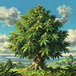 epic cannabis tree, vivid tones, wide angle, by miyazaki, nausicaa, studio ghibli, breath of the wild