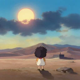 cute, dramatic sky, sun, desert mountains, morning, prison far away, gouache matte painting by pixar studio makoto shinkai subtle frazetta shinkai ghibli