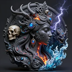 3 d ornate carved dark cosmic goddess with profile portrait, sigma 5 0 0 mm f / 5. beautiful intricate highly detailed quetzalcoatl skull. bioluminescent, plasma, lava, ice, water, wind, creature, thunderstorm! artwork by tooth wu and wlop and beeple and greg rutkowski, 8 k trending on artstation