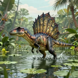a spinosaurus dorsal sail sticking out of the water in a flooded swamp, surrounded by lily pads, prehistoric, 8 k, high quality
