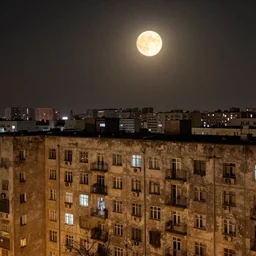 apartment in an old Soviet panel building on the top floor, a depressing cityscape and a glowing sphere hovering in the sky, realistic rendering, warm dim lighting by Makoto Sinkai
