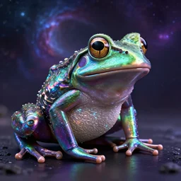 frog, cosmic horror, wet gloss metal render, psycho nebula colors, photoluminescence reflective spectral colors, award winning photograph, unreal engine, realism, realistic cgi, real life