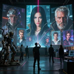 using a laser to interact with a large computer, holograms, fantasy art portrait, ultra realistic, cinematic, blade runner tech, wide angle, highly detailed by wayne barlowe, boris vallejo, scott roberston, raf grassetti neville page, aaron horkey, craig mullins, roberto ferri, hajime sorayama