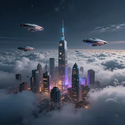 city in the clouds, beautiful art, dreamy, high detail, neon, dramatic, cinematic, clouds, moody, star ships, detail, clean, sharp, fantasy art