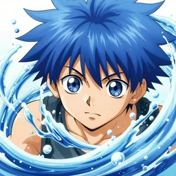 anime key visual of a boy with blue spikey hair and water powers, anime!!!, cel shaded, shonen style, by kohei horikoshi!!!!!, big eyes, detailed, by hiromu arakawa, 8 k,
