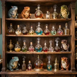 a bookshelf of wonderful magical creatures, located in a wizard's shop, full of trinkets and magical potions flasks vials, bubbling liquids, smoking vessels, detailed, 4 k