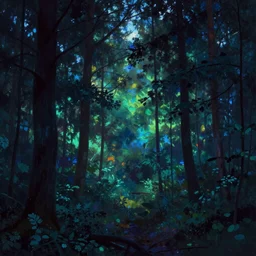 A forest in the dark glowing in many different colors. In the style of Afremov.