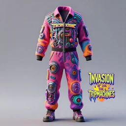 photo of a jump suit, band merchandise, bandname is tripmachine, tourname is invasion of the tripmachines, realistic digital art, jump suit is textured with a 3 d render of a huge futuristic steampunk generator, 8 k, fluorescent colors, halluzinogenic, multicolored, exaggerated detailed, unreal engine