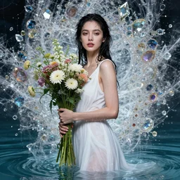 portrait of a beautiful woman wearing a white dress, holding a bouquet of flowing flowers, drenched body, wet dripping hair, emerging from the water, fantasy, regal, fractal crystal, fractal gems, by stanley artgerm lau, greg rutkowski, thomas kindkade, alphonse mucha, loish, norman rockwell