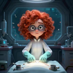 digital illustration of a crazy looking nerdy girl with curly red hair, wearing rubber gloves and white suit. laboratory on an aliens spaceship. surgery table, small streaks of light through the window, dark horror atmosphere, symmetrical, cartoon style, octane render, unreal engine, 8 k