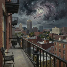 horrifying full color photorealistic painting of the view from a 1 9 2 5 hotel terrace balcony overlooking a warped view of downtown boston in 1 9 2 5 with a cosmic sky, dark, atmospheric, brooding, smooth, finely detailed, cinematic, epic, in the style of paul carrick