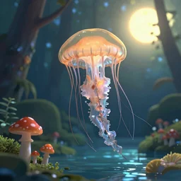 jellyfish, mushroom, sun, water, forest