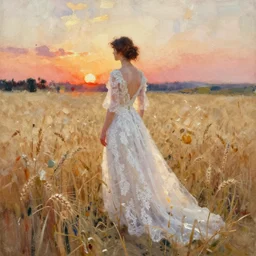 paint brush strokes, abstract watercolor painting beautiful woman from the back, wearing a long flowing lace wedding dress in a wheatfield at sunset, ambient lighting, art by hans dahl, by jesper ejsing, art by anders zorn, wonderful masterpiece by greg rutkowski, cinematic light, american romanticism by greg manchess, impressionism by tyler edlin