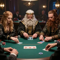 Nordic Gods playing poker, detailed