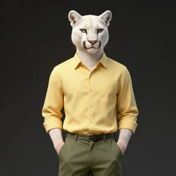 beautiful portrait commission of a male Furry Anthro albino mountain lion Fursona. yellow button-down shirt, olive green slacks. hands in pockets. forest trail. Atmospheric. Renowned character illustration by greg rutkowski, thomas kindkade, alphonse mucha, loish, norman rockwell. detailed, inked, western comic book art