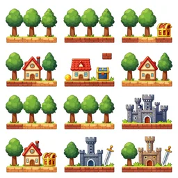 Nine separated  HD, 8k, props contaning trees, houses, box, treasures, bricks, castle, swords, and magic weapons from a game asset concept  by Jen Zee, Rossdraws, James Jean, Andrei Riabovitchev, 2d side scrolling game , and Sakimichan, trending on artstation , assets