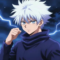 killua zoldyck made by zdzisław beksinski, thunderstorm, lighting, blue, pose, 8 k, detailed, high quality, detailed face, 8 k