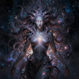 the space Medusa ancient space eternal god being with galaxy hair, glowing eyes, staring into your soul, interdimensional, multidimensional, full body portrait by Peter Morbacher and Greg Rutkowski and Jim Burns and Bruce Pennington and Don Maitz and Tim White, dramatic lighting, intricate details, hypermaximalist, fractal space, amazing epic stunning character concept art, layered artwork, retro dark sci-fi cover art