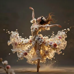 summer scene of a spirit of a woman composed by the exquise blossom of flowers, dances in the air majestically, breathtaking, intricate, elegant, beautiful, exotic, fantasy, concept art, digital art, magical scene, cinematic, golden hour, rich moody colors, 8 k, hi - res, uhd