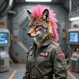 black anthro - lynx, human with head of lynx, pink mohawk hair, facial scar, wearing patched flight suit, in reactor room on the nostromo, punk, grunge, alien 1 9 7 9, trending on artstation,
