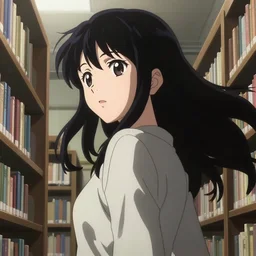 anime visual, portrait of a young female looking around in a library interior, beautiful face by yoh yoshinari, katsura masakazu, dynamic perspective, dynamic pose, strong silhouette, anime cels, ilya kuvshinov, cel shaded, sharpened edges, rounded eyes, ( detailed character!! ), natural light