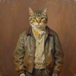 oil painting of a cat as a person with a vintage jacket standing in front of a brown background