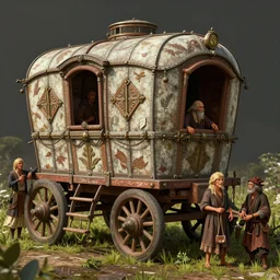 gypsy caravan by paolo eleuteri serpieri and tomer hanuka and chesley bonestell and daniel merriam and tomokazu matsuyama, unreal engine, high resolution render, featured on artstation, octane, 8 k, highly intricate details, vivid colors