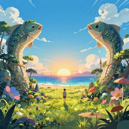 an enchanted isekai sunset on the savanna with an ocean in the background. giant catfish statues on each side, a lush oasis, anime aesthetic, bright blue and cyan sky. by greg rutkowski