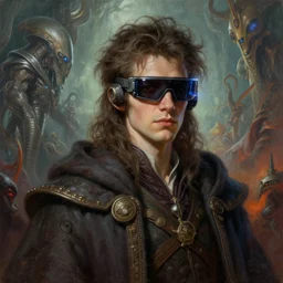 young jewish mage - alien - borg - wizard with messy hair, wearing ultra - high - tech ar glasses, in a detailed elaborate surrealist fantasy nightmare airbrush painting by michael whelan, candid photography, rendered in octane then in cryengine, cgsociety, wow, ultra photorealistic, artstation, highly detailed