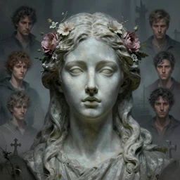 a digital painting of the face of a gothic cemetery statue made of mist and flowers, Andrew Ferez, Charlie Bowater, Marco Mazzoni, Seb McKinnon, Ryohei Hase, Alberto Seveso, Kim Keever, trending on cgsociety, featured on zbrush central, new sculpture, mystical