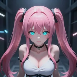 stunningly beautiful omnipotent anime asi goddess junko enoshima with symmetrical perfect face and porcelain skin, pink twintail hair and cyan eyes, traps you inside her inescapable full dive vr prison and smiles in a megalomaniacal otome way!!!, hyperdetailed, digital art from danganronpa, unreal engine 5, 2 d anime style, 8 k