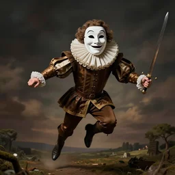 man wearing theater comedy mask flies over a landscape , he is wearing elizabethan boots and ruff, he carries a shortsword in his left hand, dramatic theater lighting