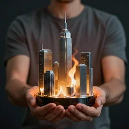 man holding a flaming glass and steel metropolis in his hands