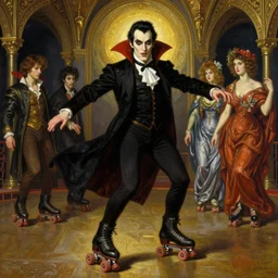 dynamic composition, a painting of dracula the vampire skating on roller skates in a medieval roller rink, a surrealist painting by tom bagshaw and jacek yerga and tamara de lempicka and jesse king, featured on cgsociety, pop surrealism, surrealist, dramatic lighting, wiccan, full body portrait, pre - raphaelite, ornate gilded details