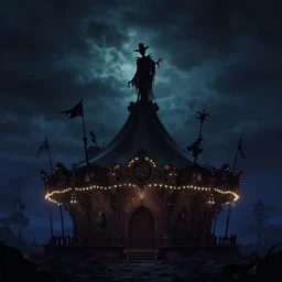 a matte painting of a silhouette of an evil haunted carnival with a dark dramatic sky by pixar and tim burton
