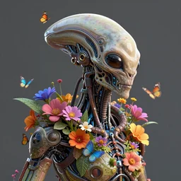 a beautiful intricate 3D render of a portrait of an alien robotic xenomorph overgrown by colorful flowers, leaves and butterflies, perfection!, studio lighting, 50mm lens, 3d render, cybernetic scifi, bokeh, artstation, 8K