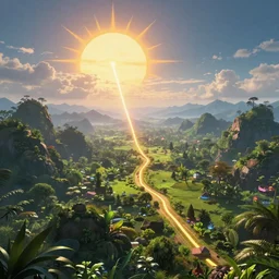 sun path in the sky, a magical lush highland landscape in the background with mountains far away, hypermaximalistic, high details, cinematic, 8k resolution, beautiful detailed, insanely intricate details, artstation trending, octane render, unreal engine