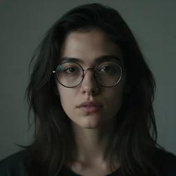 artwork inspired by mandy jurgens, dark hair, nose piercing, thin round glasses, cinematic, 8 k, self confidence