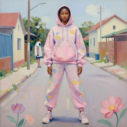 daphne groeneveld wearing a hoodie standing in a township street in the style of martine johanna, street clothing, haute couture! fashion!, full figure painting by andrei riabovitchev, tara mcpherson, david choe, decorative flowers, detailed painterly impasto brushwork, pastel color palette, die antwoord