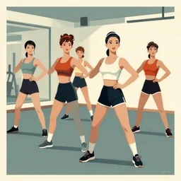 girls group fitness class in a gym, very coherent, 1 9 7 0 s propaganda poster art, four tone, muted colors
