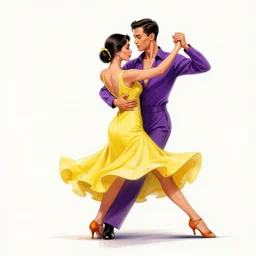 Dancing  Gesture draw  by Stanley Artgerm Lau, Gesture draw, Salsa Social Dance, couple, lady using yellow dress, guy using purple light fancy suit, Salsa tricks,  WLOP, Rossdraws, Gesture draw,  James Jean, Andrei Riabovitchev, Marc Simonetti, and Sakimichan, trending on artstation
