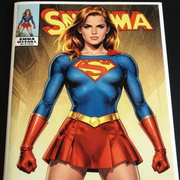 vintage comic book cover where a emma watson is dressed as a superhero called emma watson standing proudly from below restored high quality limited edition high detail