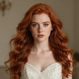 shy girl with sweeping red hair in wedding dress with beads, realistic facial features